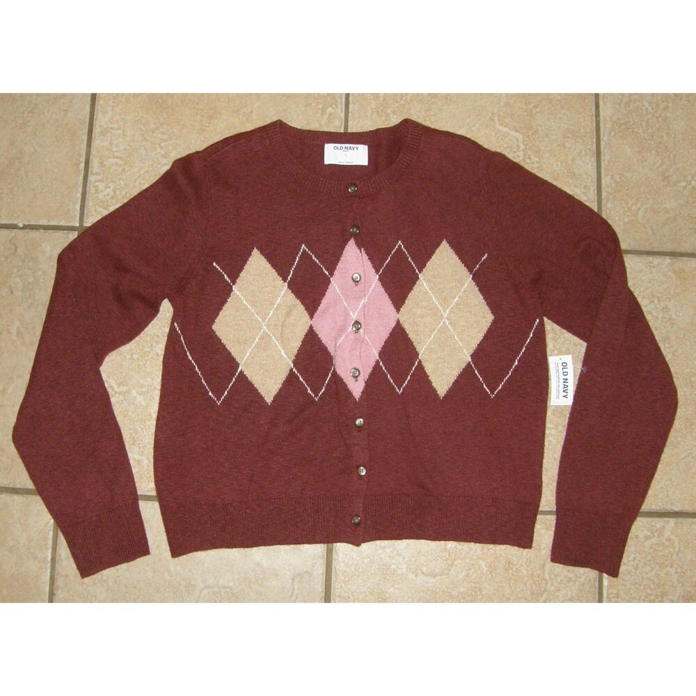 OLD NAVY Preppy Maroon Argyle Sz Large Soft Stretchy Cardigan Sweater NEW NWT
